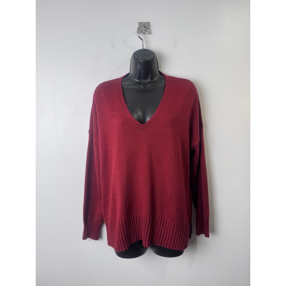 Eileen Fisher Women Red Merino Wool V-Neck Ribbed Tunic Sweater Small